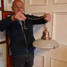 Load image into Gallery viewer, GENUINE Antique Glass HOLOPHANE Pendant Two Part Light Shade with Copper Fittings, Brass Ceiling Hook Fitment and Hanging Chain

