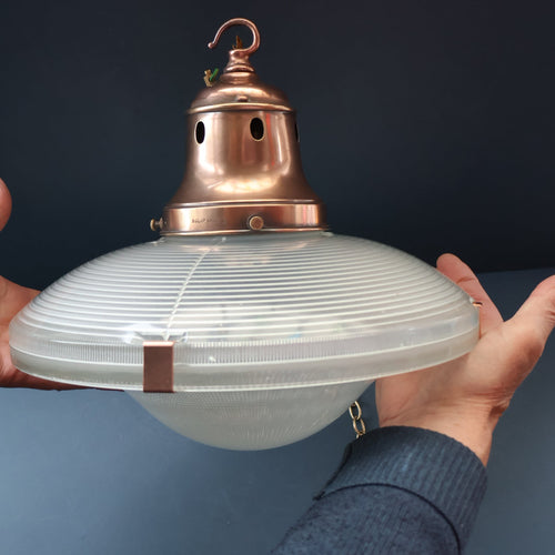 GENUINE Antique Glass HOLOPHANE Pendant Two Part Light Shade with Copper Fittings, Brass Ceiling Hook Fitment and Hanging Chain