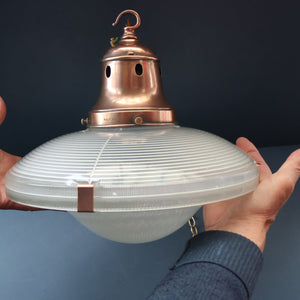 GENUINE Antique Glass HOLOPHANE Pendant Two Part Light Shade with Copper Fittings, Brass Ceiling Hook Fitment and Hanging Chain