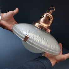 Load image into Gallery viewer, GENUINE Antique Glass HOLOPHANE Pendant Two Part Light Shade with Copper Fittings, Brass Ceiling Hook Fitment and Hanging Chain
