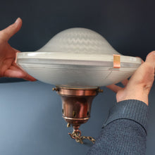 Load image into Gallery viewer, GENUINE Antique Glass HOLOPHANE Pendant Two Part Light Shade with Copper Fittings, Brass Ceiling Hook Fitment and Hanging Chain
