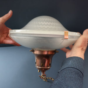 GENUINE Antique Glass HOLOPHANE Pendant Two Part Light Shade with Copper Fittings, Brass Ceiling Hook Fitment and Hanging Chain