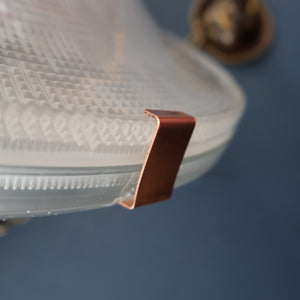 GENUINE Antique Glass HOLOPHANE Pendant Two Part Light Shade with Copper Fittings, Brass Ceiling Hook Fitment and Hanging Chain