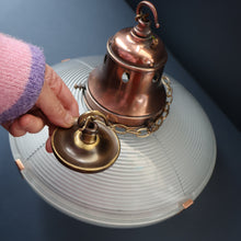 Load image into Gallery viewer, GENUINE Antique Glass HOLOPHANE Pendant Two Part Light Shade with Copper Fittings, Brass Ceiling Hook Fitment and Hanging Chain
