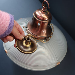 GENUINE Antique Glass HOLOPHANE Pendant Two Part Light Shade with Copper Fittings, Brass Ceiling Hook Fitment and Hanging Chain