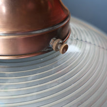 Load image into Gallery viewer, GENUINE Antique Glass HOLOPHANE Pendant Two Part Light Shade with Copper Fittings, Brass Ceiling Hook Fitment and Hanging Chain

