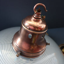 Load image into Gallery viewer, GENUINE Antique Glass HOLOPHANE Pendant Two Part Light Shade with Copper Fittings, Brass Ceiling Hook Fitment and Hanging Chain
