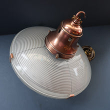 Load image into Gallery viewer, GENUINE Antique Glass HOLOPHANE Pendant Two Part Light Shade with Copper Fittings, Brass Ceiling Hook Fitment and Hanging Chain
