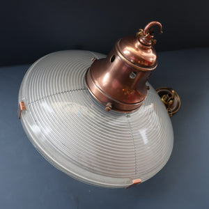GENUINE Antique Glass HOLOPHANE Pendant Two Part Light Shade with Copper Fittings, Brass Ceiling Hook Fitment and Hanging Chain