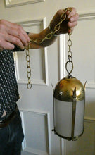 Load image into Gallery viewer, 1920s Antique Hanging Hall or Porch Lantern. Brass and Glass in the Gothic Style
