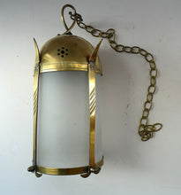 Load image into Gallery viewer, 1920s Antique Hanging Hall or Porch Lantern. Brass and Glass in the Gothic Style
