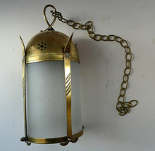 Load image into Gallery viewer, 1920s Antique Hanging Hall or Porch Lantern. Brass and Glass in the Gothic Style
