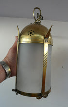 Load image into Gallery viewer, 1920s Antique Hanging Hall or Porch Lantern. Brass and Glass in the Gothic Style
