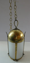 Load image into Gallery viewer, 1920s Antique Hanging Hall or Porch Lantern. Brass and Glass in the Gothic Style
