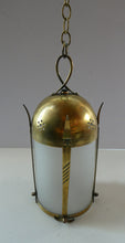 Load image into Gallery viewer, 1920s Antique Hanging Hall or Porch Lantern. Brass and Glass in the Gothic Style
