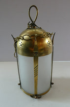 Load image into Gallery viewer, 1920s Antique Hanging Hall or Porch Lantern. Brass and Glass in the Gothic Style
