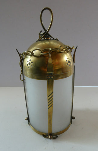 1920s Antique Hanging Hall or Porch Lantern. Brass and Glass in the Gothic Style