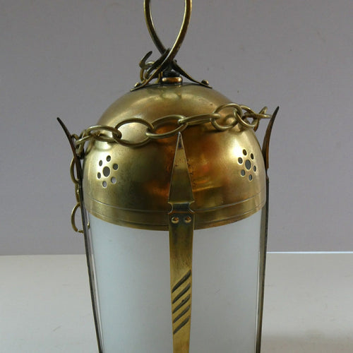 1920s Antique Hanging Hall or Porch Lantern. Brass and Glass in the Gothic Style