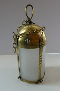 1920s Antique Hanging Hall or Porch Lantern. Brass and Glass in the Gothic Style