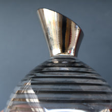 Load image into Gallery viewer, ART DECO Style. 1950s Bohemian / Czech Glass Decanter with Silvered Hoops &amp; Faceted Black Glass Stopper
