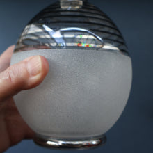 Load image into Gallery viewer, ART DECO Style. 1950s Bohemian / Czech Glass Decanter with Silvered Hoops &amp; Faceted Black Glass Stopper
