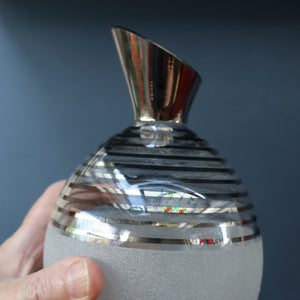 ART DECO Style. 1950s Bohemian / Czech Glass Decanter with Silvered Hoops & Faceted Black Glass Stopper