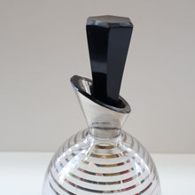 Load image into Gallery viewer, ART DECO Style. 1950s Bohemian / Czech Glass Decanter with Silvered Hoops &amp; Faceted Black Glass Stopper
