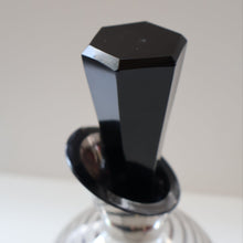 Load image into Gallery viewer, ART DECO Style. 1950s Bohemian / Czech Glass Decanter with Silvered Hoops &amp; Faceted Black Glass Stopper
