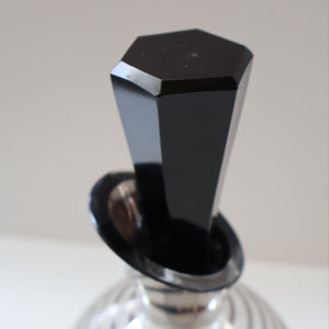 ART DECO Style. 1950s Bohemian / Czech Glass Decanter with Silvered Hoops & Faceted Black Glass Stopper
