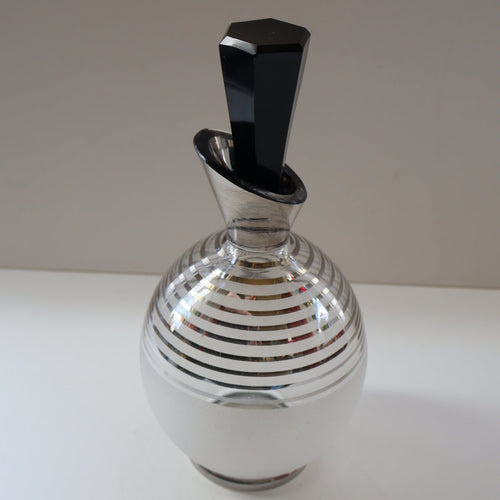 ART DECO Style. 1950s Bohemian / Czech Glass Decanter with Silvered Hoops & Faceted Black Glass Stopper