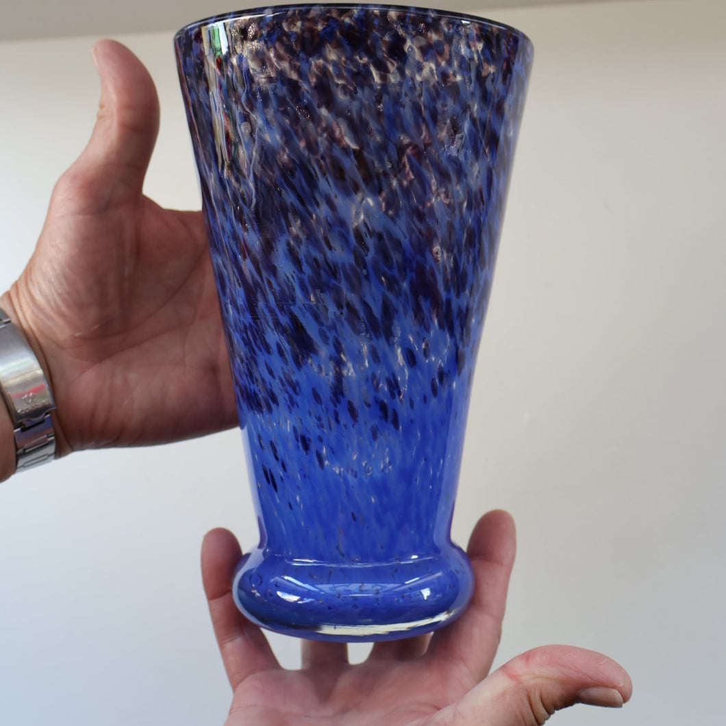 Later 1980s PERTHSHIRE GLASS Art Glass Trumpet Vase. Mottled Blue Glass. 8 1/2 inches in height