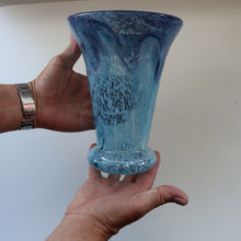 Load image into Gallery viewer, Later 1980s PERTHSHIRE GLASS Art Glass Vase. Mottled Light Blue Glass with Swirls Around the Rim. 8 1/2 inches in height
