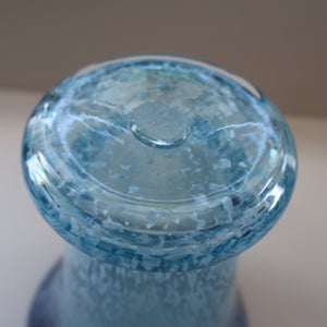 Later 1980s PERTHSHIRE GLASS Art Glass Vase. Mottled Light Blue Glass with Swirls Around the Rim. 8 1/2 inches in height