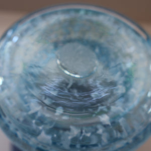 Later 1980s PERTHSHIRE GLASS Art Glass Vase. Mottled Light Blue Glass with Swirls Around the Rim. 8 1/2 inches in height