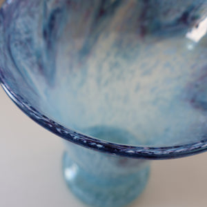 Later 1980s PERTHSHIRE GLASS Art Glass Vase. Mottled Light Blue Glass with Swirls Around the Rim. 8 1/2 inches in height