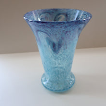 Load image into Gallery viewer, Later 1980s PERTHSHIRE GLASS Art Glass Vase. Mottled Light Blue Glass with Swirls Around the Rim. 8 1/2 inches in height
