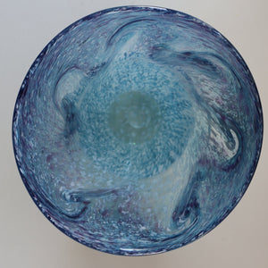 Later 1980s PERTHSHIRE GLASS Art Glass Vase. Mottled Light Blue Glass with Swirls Around the Rim. 8 1/2 inches in height