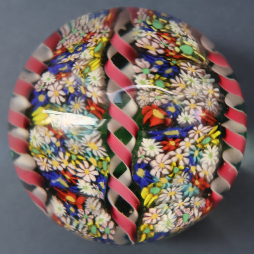 FRATELLI TOSO. Vintage MURANO Closepack Paperweight with Intricate Millefiori Flowers and Three Long Red Latticino Ribbons