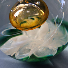 Load image into Gallery viewer, SELKIRK GLASS 2001 Scottish Paperweight. Golden Air Bubble &amp; White Feathered Base. Original paper label
