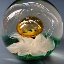 Load image into Gallery viewer, SELKIRK GLASS 2001 Scottish Paperweight. Golden Air Bubble &amp; White Feathered Base. Original paper label
