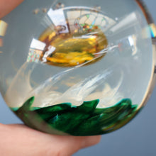 Load image into Gallery viewer, SELKIRK GLASS 2001 Scottish Paperweight. Golden Air Bubble &amp; White Feathered Base. Original paper label

