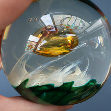Load image into Gallery viewer, SELKIRK GLASS 2001 Scottish Paperweight. Golden Air Bubble &amp; White Feathered Base. Original paper label
