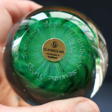 Load image into Gallery viewer, SELKIRK GLASS 2001 Scottish Paperweight. Golden Air Bubble &amp; White Feathered Base. Original paper label
