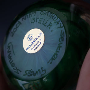SELKIRK GLASS 2001 Scottish Paperweight. Golden Air Bubble & White Feathered Base. Original paper label