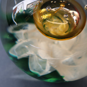 SELKIRK GLASS 2001 Scottish Paperweight. Golden Air Bubble & White Feathered Base. Original paper label
