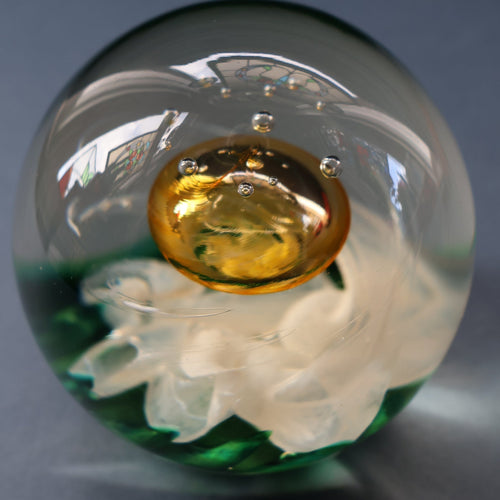 SELKIRK GLASS 2001 Scottish Paperweight. Golden Air Bubble & White Feathered Base. Original paper label