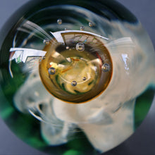 Load image into Gallery viewer, SELKIRK GLASS 2001 Scottish Paperweight. Golden Air Bubble &amp; White Feathered Base. Original paper label
