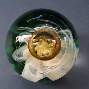 SELKIRK GLASS 2001 Scottish Paperweight. Golden Air Bubble & White Feathered Base. Original paper label