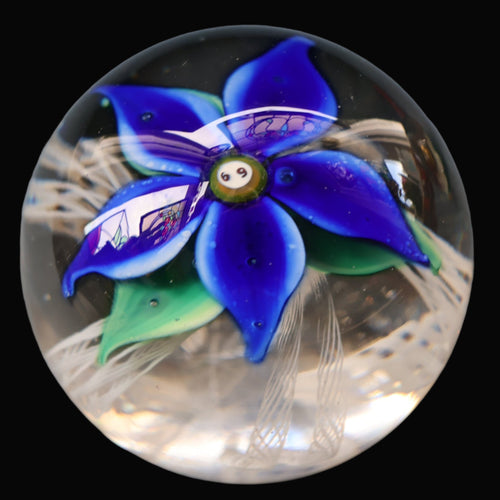 SCOTTISH GLASS. Large Vintage 1960s Strathearn Paperweight with Blue Lampwork Flower and Latticino. MAGNUM SIZE
