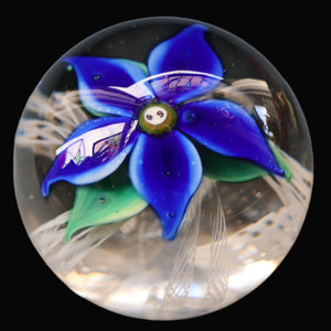 SCOTTISH GLASS. Large Vintage 1960s Strathearn Paperweight with Blue Lampwork Flower and Latticino. MAGNUM SIZE